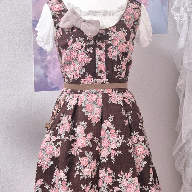 로디스포토 리즈리사깔 초코 브라운 장미 플로럴 패턴 리본 원피스