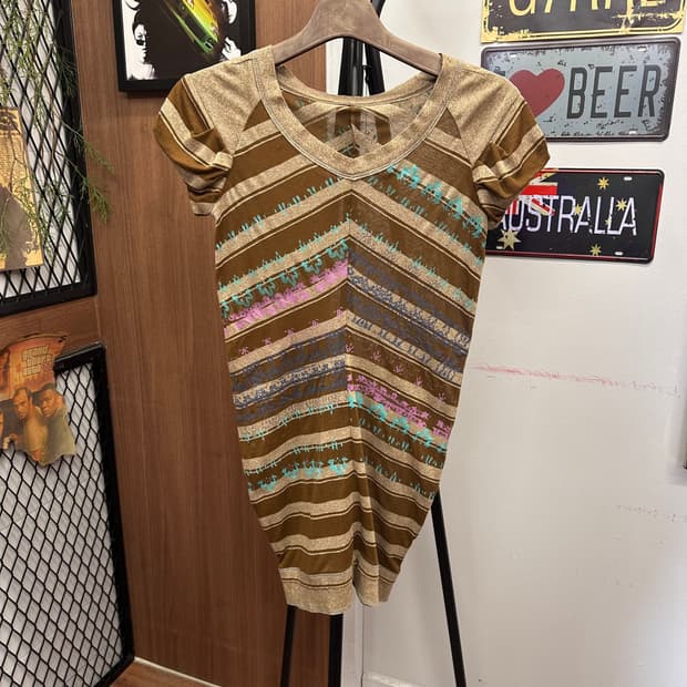 Brown Beige Striped Reprint Sheer Dress