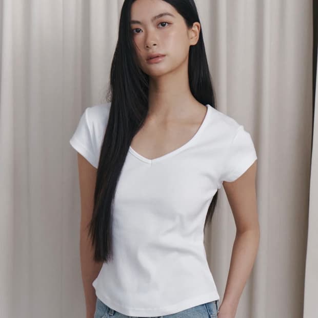 큐리티 C 90S LINE V-NECK HALF - SLEEVE T