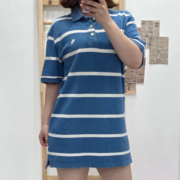 [프립]L/아베크롬비 스트라이프 카라반팔티 하늘색