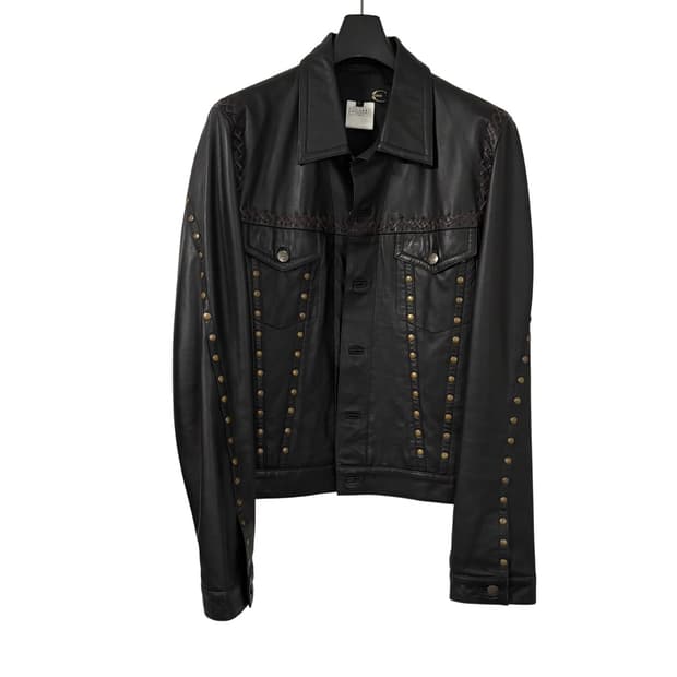 저스트 카발리 스터드 레더 트러커 자켓 L 램스킨