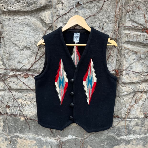 오르테가 핸드 우븐 울 네이티브 나바호 웨스턴 치마요 베스트 조끼 블랙