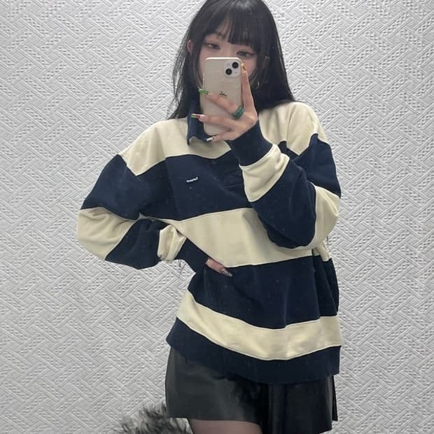 커버낫 레트로 볼드 스트라이프 럭비 카라 롱슬리브 XL C09498