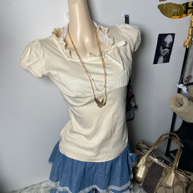 빈티지 아이보리 리본 블라우스 티셔츠