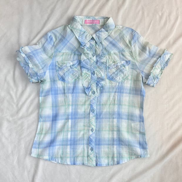 파스텔 체크 러플 프릴 블라우스