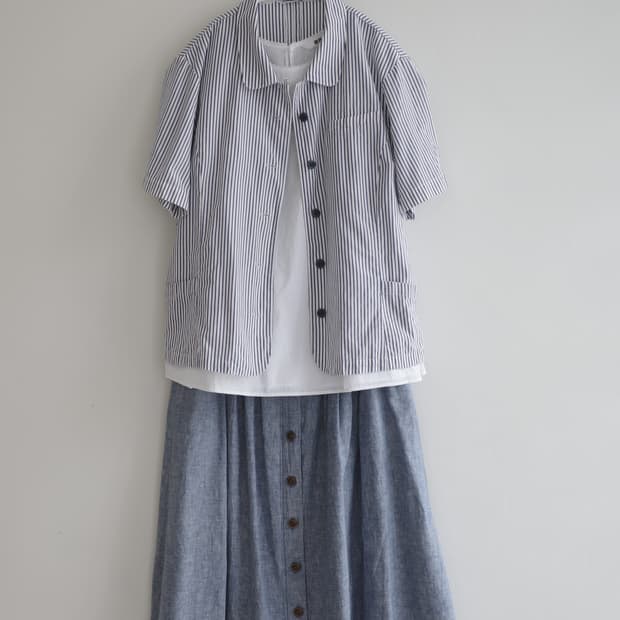 HANAE MORI 둥근 카라 스트라이프 반팔 셔츠