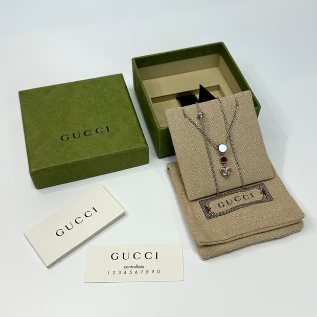 [풀구성] 구찌 트레이드마크 하트 레드 스톤 실버 목걸이