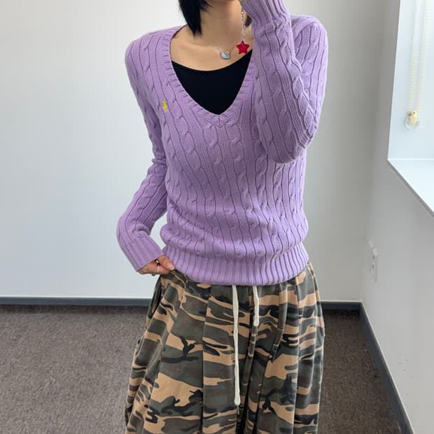 Polo 폴로 옐로우 포니 라이트퍼플 브이넥 니트