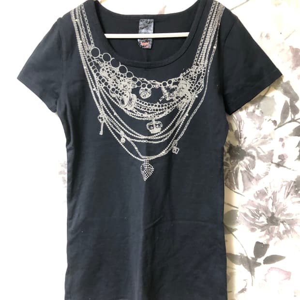 빈티지 큐빅 장식 반팔 티셔츠 갸루 블랙