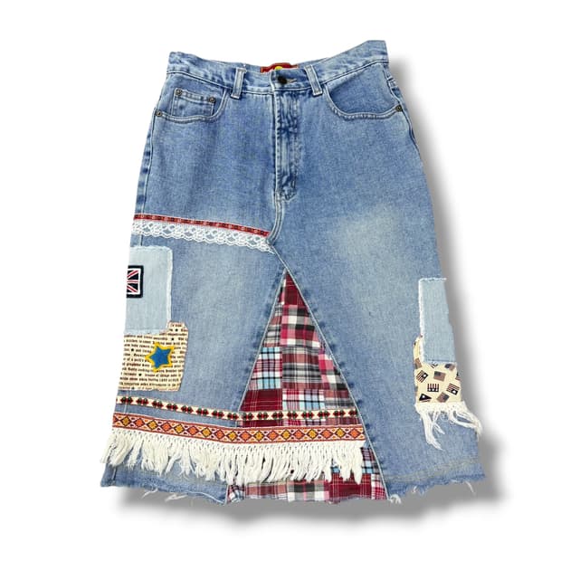 JPN silent worth 패치워크 레이스 수술 데님 미디스커트