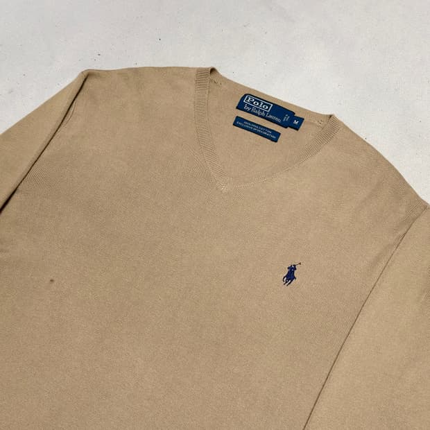 M 폴로랄프로렌 피마코튼 베이지 브이넥 니트