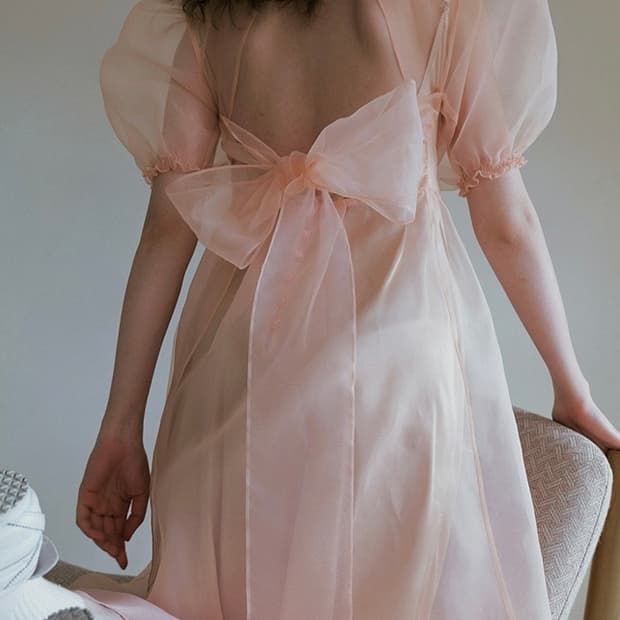 오버듀플레어 백 리본 오간자 쉬폰 레이어 드레스 원피스 피치