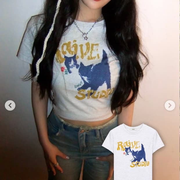 Raive 레이브 고양이 프린팅 반팔 티셔츠 