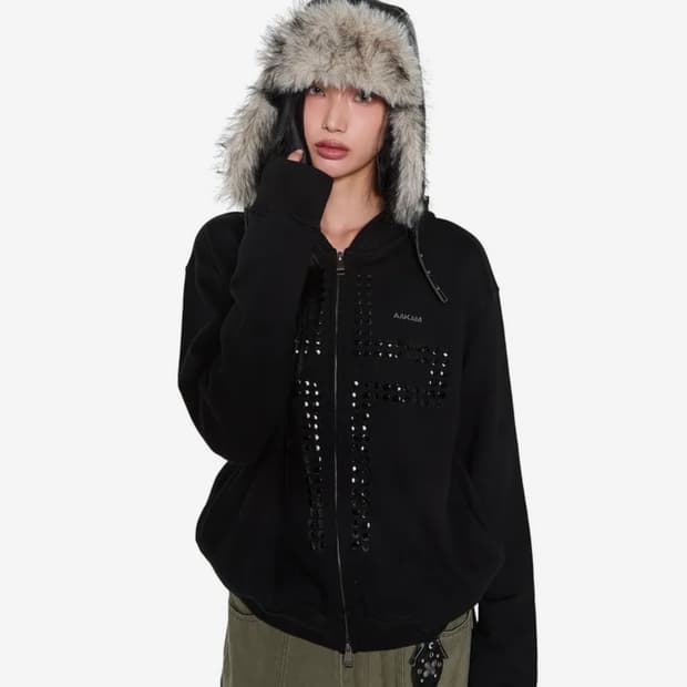 아캄 Cross Rhinestone Zip-Up Hoodie