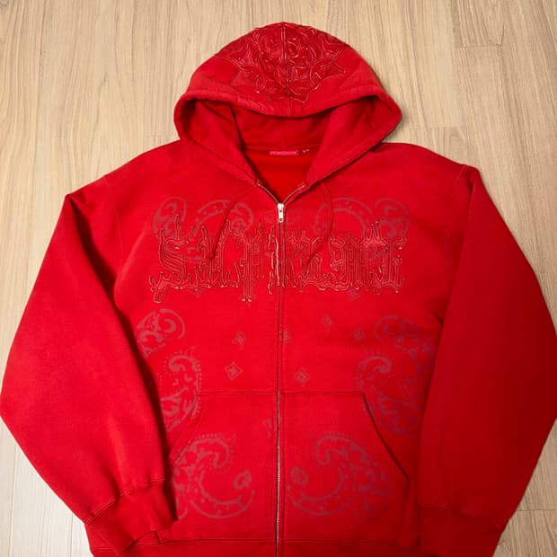 슈프림 레더 아플리케 집업 후드 스웨트셔츠 번트 레드 XL