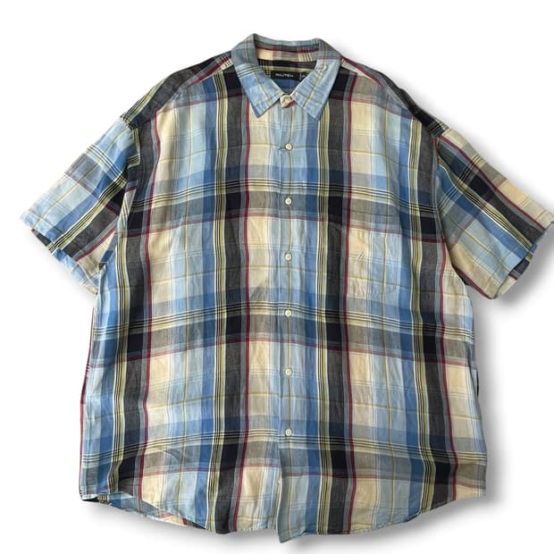 노티카 린넨 오버사이즈 체크 반팔셔츠 2XL