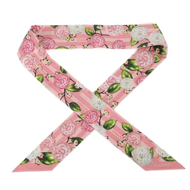 샤넬 스카프 실크 헤어밴드 핑크 까멜리아 플라워 방도 AAB695