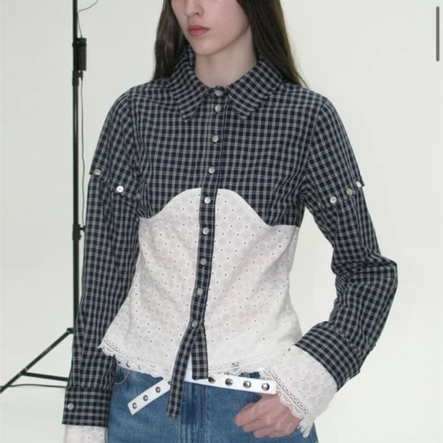 파르티멘토 체크 레이스 콤비 셔츠 네이비 S