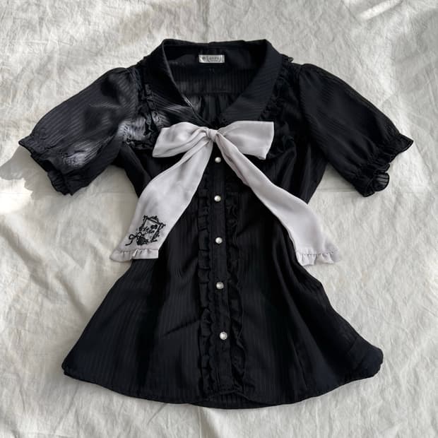 엑시즈팜 고스로리 공겜여주 리본 블랙 시스루 블라우스