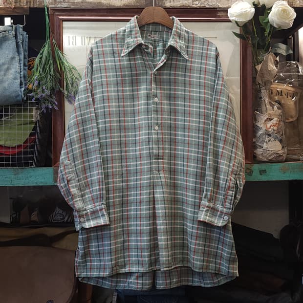60s 프랑스 워크셔츠 가드너 빈티지 셔츠 그린 체크 롱 튜닉 셔츠 m