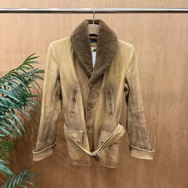 랄프로렌 디어스킨 레더 하프 코트 시어링 퍼 숄 카라 벨트 디테일 브라운