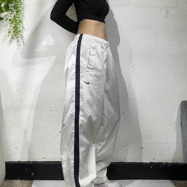 00s 나이키 화이트 블랙 사이드 라인 와이드 트랙 팬츠 M