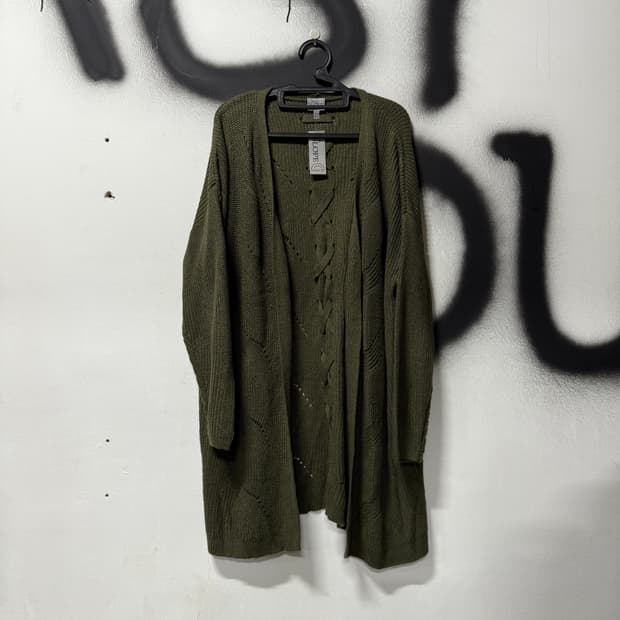 VTG 빈티지 카키 아일렛 크로쉐 오픈 롱 가디건