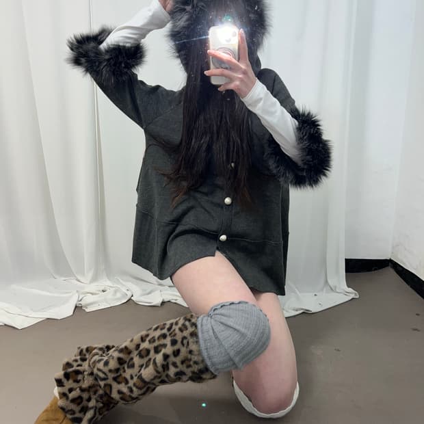 갸루st 울프죠 그레이 후드 판쵸 가디건