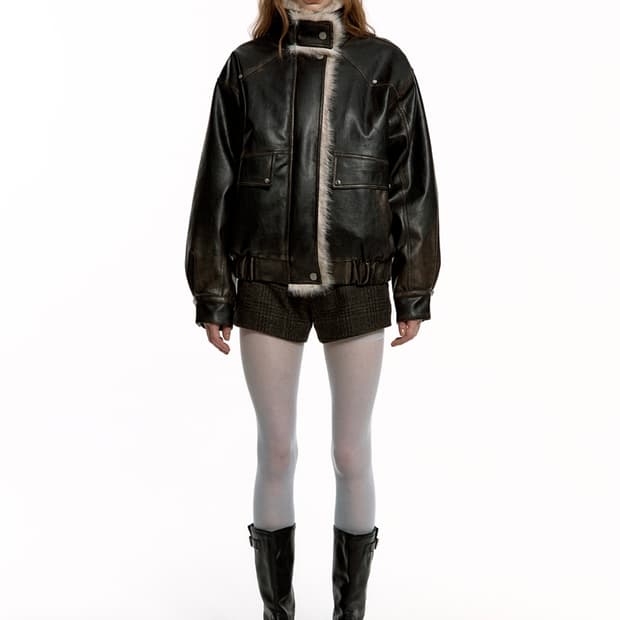 러프넥 워싱 레더 무스탕 자켓