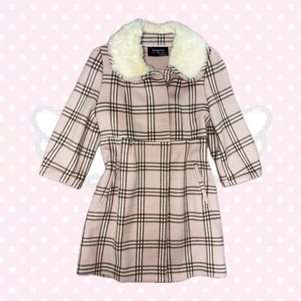 히메갸루 모리걸 빵단추 일본빈티지 핑크 체크 퍼 카라 코트