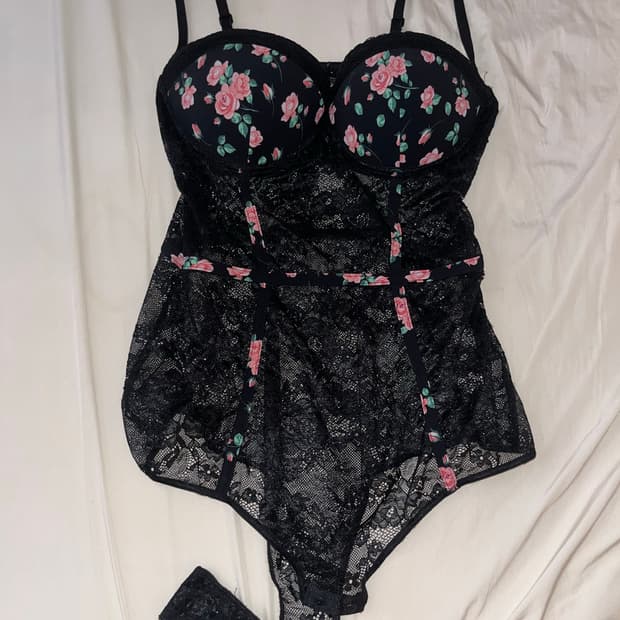 블랙 플로럴 망사 레이스 바디수트 가터 코르셋 슬립