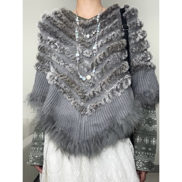 빈티지 퍼 케이프 망토 판쵸 니트