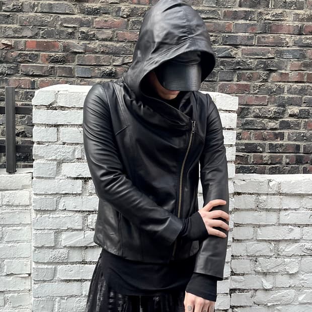 헬무트랭 사선집업 드레이프 후드레더자켓