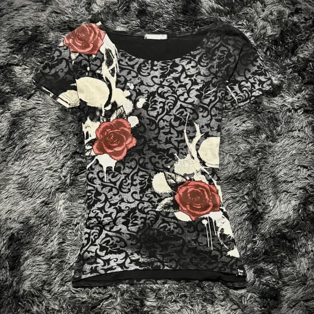 Dig Deep -black label- 해골&장미 고딕 워싱 프린팅 T