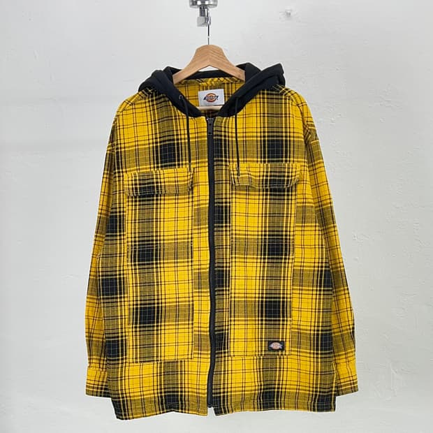 디키즈 블랙 옐로우 플란넬 롱 슬리브 후디 더블 포켓 셔츠 자켓