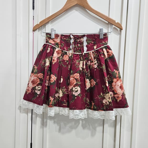 플라워 레이스 와인 미니 스커트