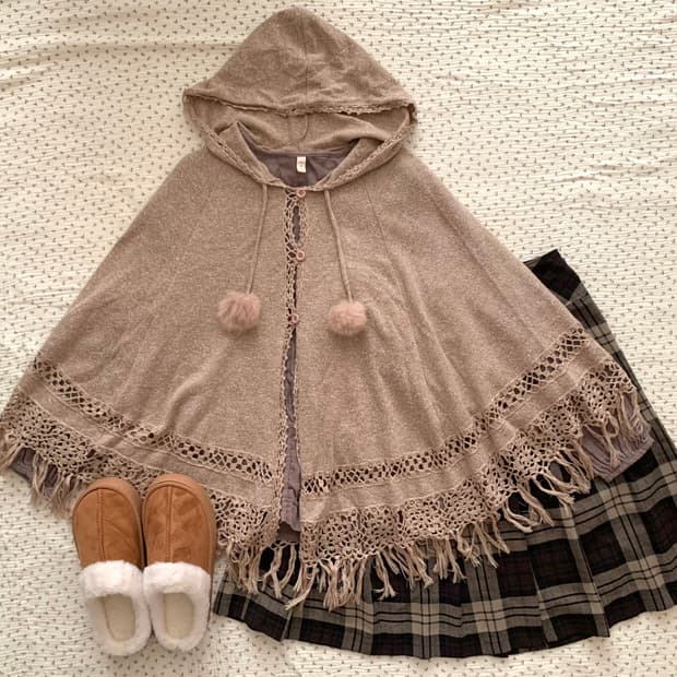 코코아 라떼 크로쉐 모리 니트 후드 케이프