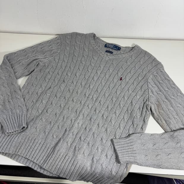 우먼M-L 폴로랄프로렌 그레이 기본로고 브이넥 꽈배기니트