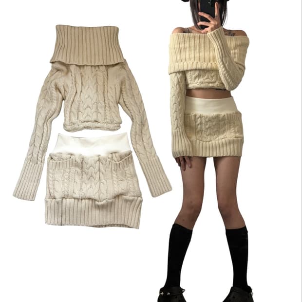 • Ivory off-shoulder sweater setup