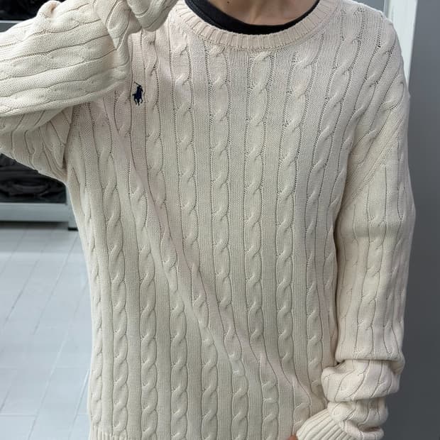  폴로 랄프로렌 QR 케이블 니트 코튼 크루넥 스웨터 크림