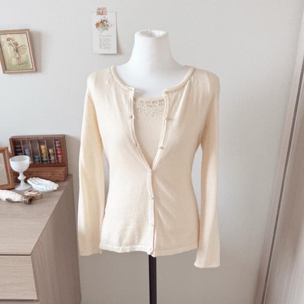 모리걸 연노랑 비즈 가디건니트 셋업