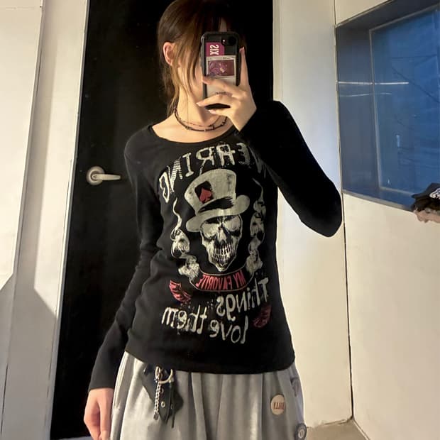 M)Culots 빈티지 여성 해골 프린팅 펑크 롱슬리브