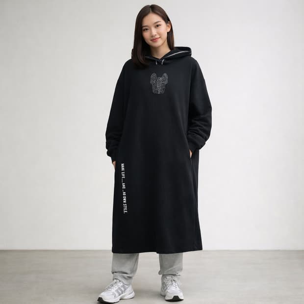 라이프워크 프렌치불독 블랙 후드 롱 원피스