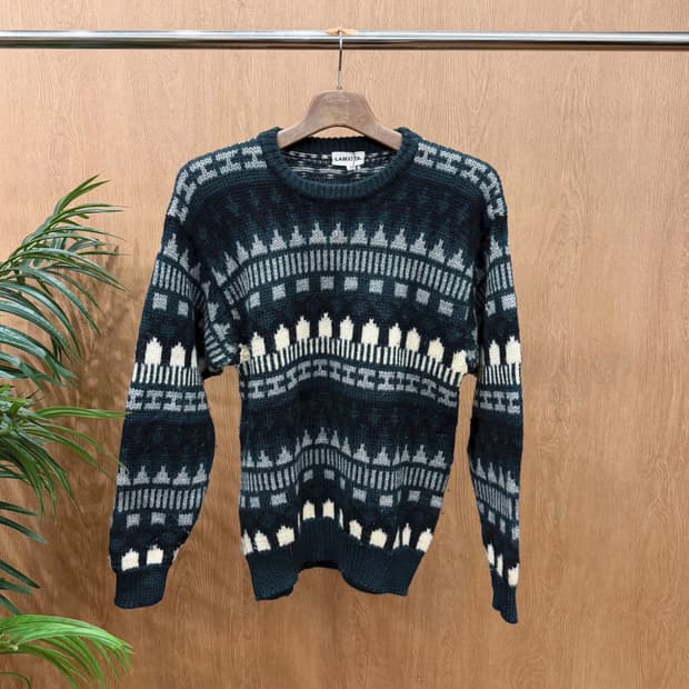 빈티지 라운드넥 긴팔 울 니트 노르딕 페어아일 패턴 디테일 그린 네이비