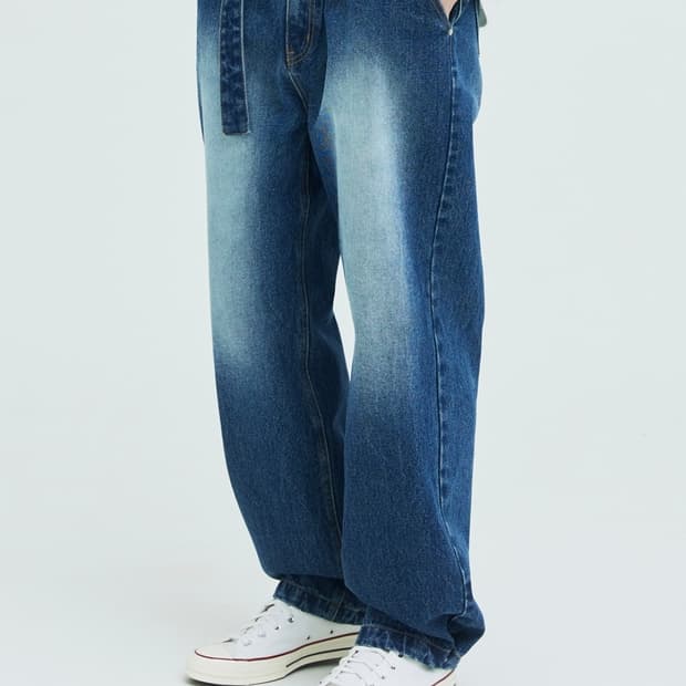 신앤리 와이드 벨티드 데님 팬츠