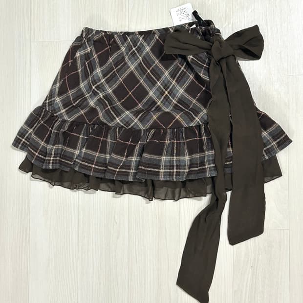 라떼갸루 초코딸기 리본 쉬폰레이스 체크스커트 