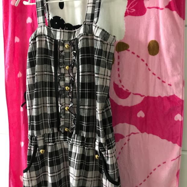 핑크 블랙 체크 원피스 멜빵