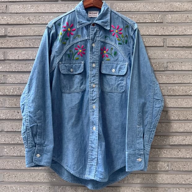 [M]90's USA 빈티지 플라워 자수 샴브레이 웨스턴 셔츠