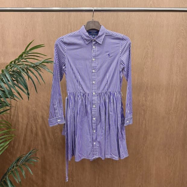 폴로 랄프로렌 셔츠 원피스 스트라이프 패턴 로고 자수 스트랩 디테일 퍼플