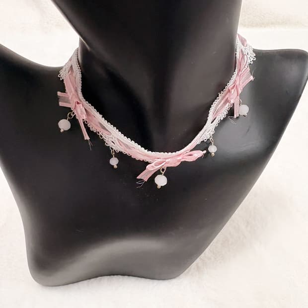 (이체시에눌) 일본 핑크 리본 히메갸루 레이어드 비즈 드롭 초커 목걸이
